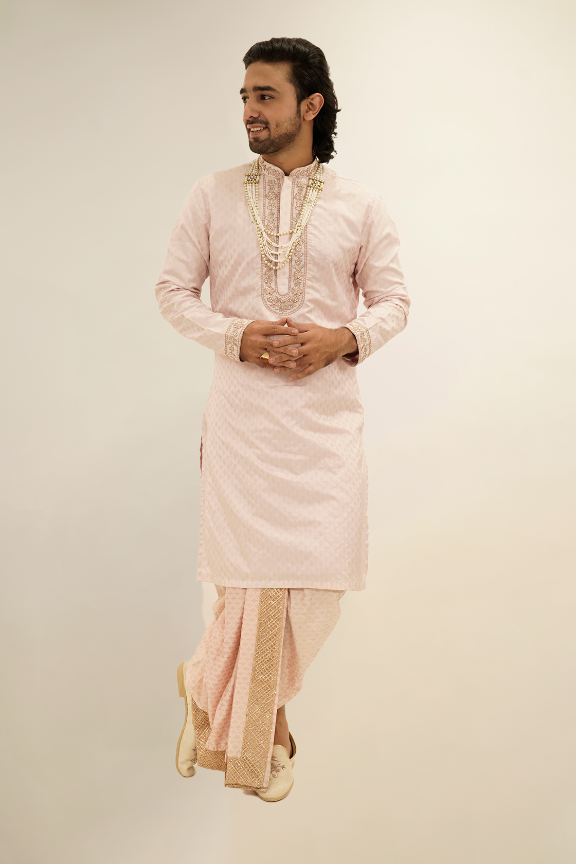 Floral Embroided Texture Pattu Kurta Set