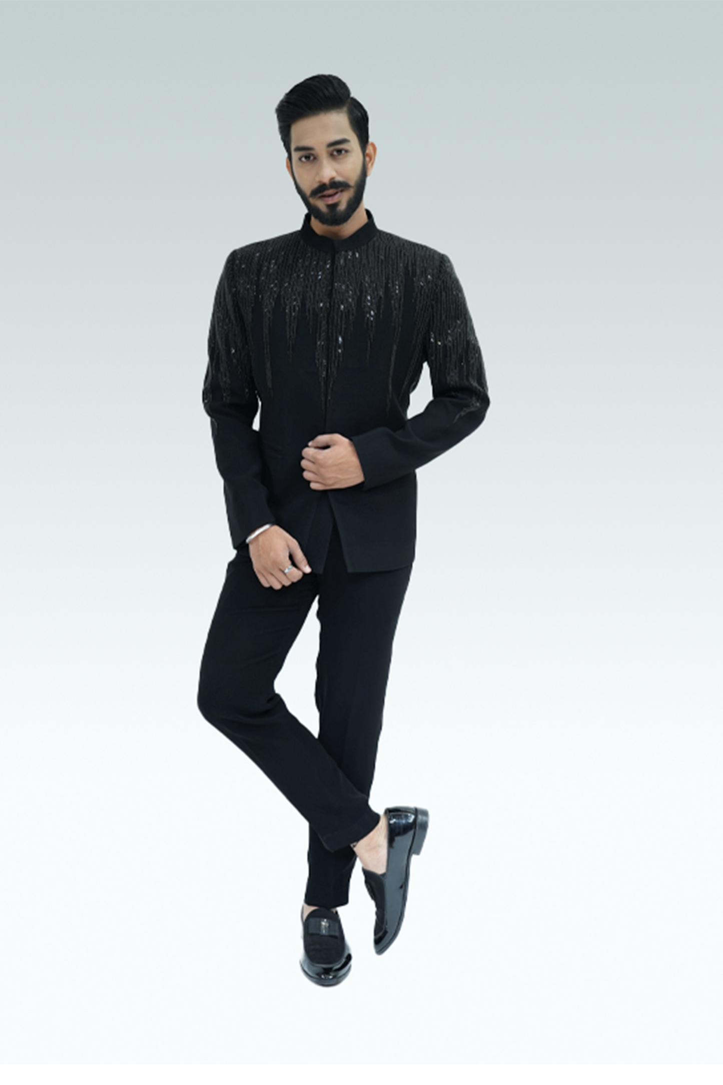 Black Embellished Italian Wood Crepe Jodhpuri