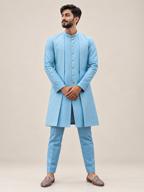 Men’s Sky Blue Indo-Western Sherwani Set – Designer Wedding & Reception Ethnic Wear.