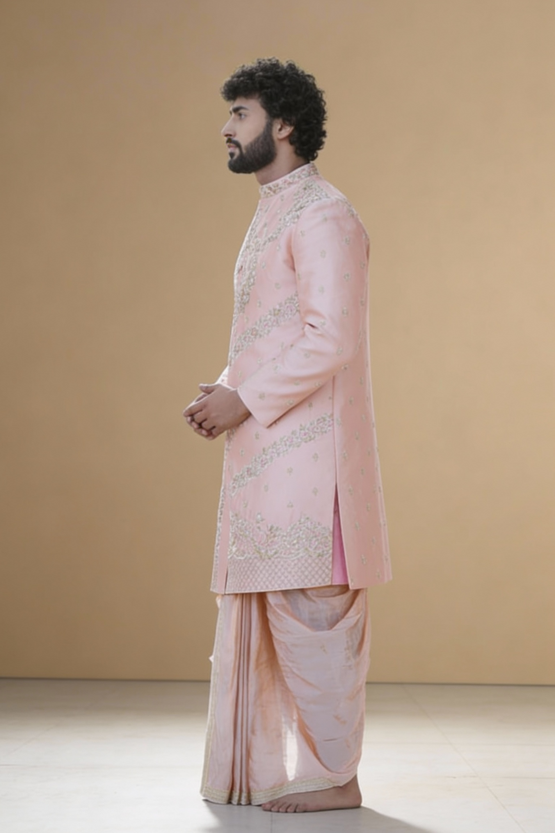 Men's Peach Wedding Sherwani with Matching Dhoti and Intricate Pelli Gold Work