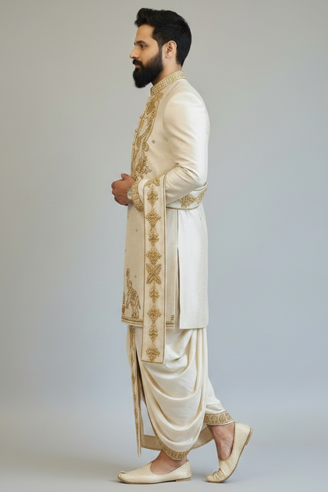 Ivory Embroidered Sherwani for Men – Royal Elephant Motif Wedding Sherwani with Dhoti