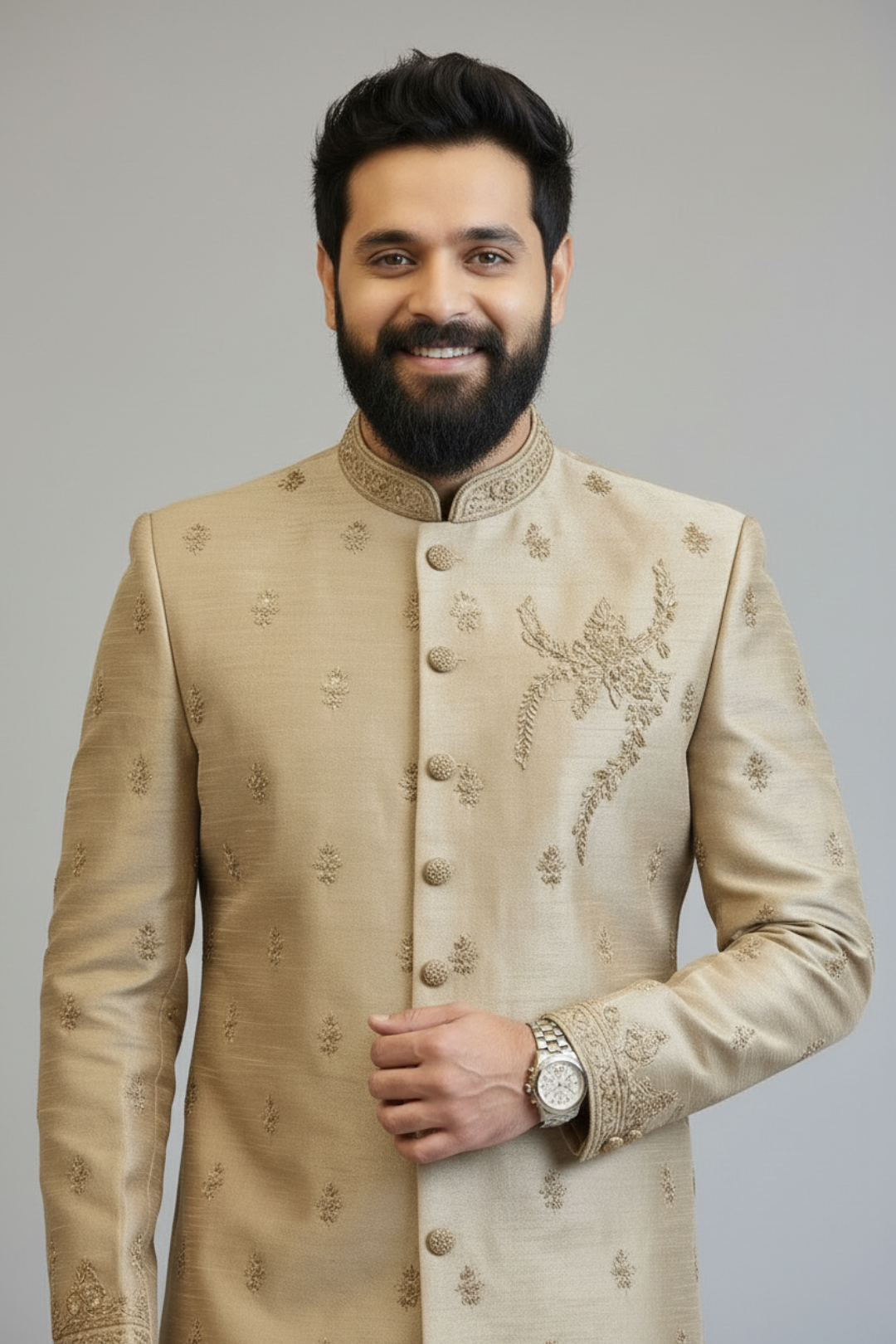 Men’s Beige Embroidered Sherwani Set – Premium Wedding & Festive Indo-Western Outfit