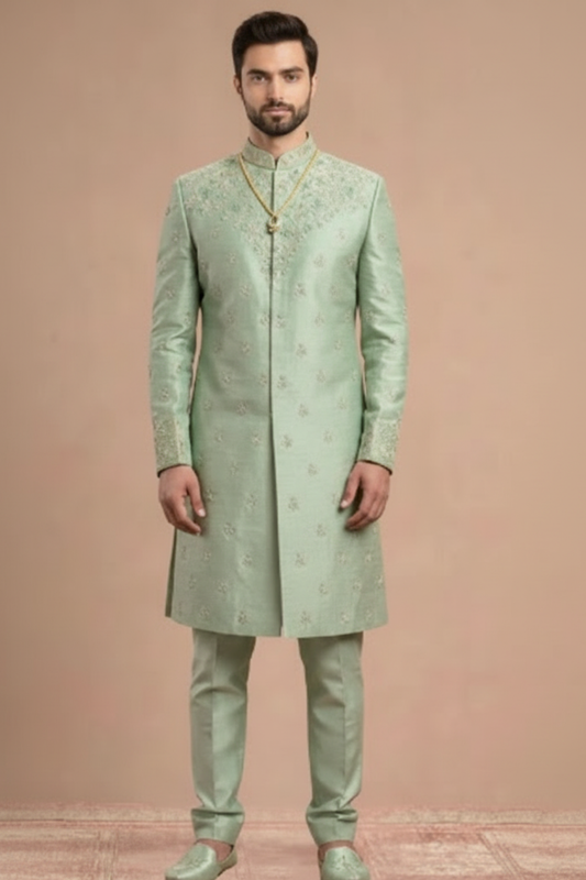 Regal Serenity: Pista Green Embroidered Silk Sherwani Ensemble