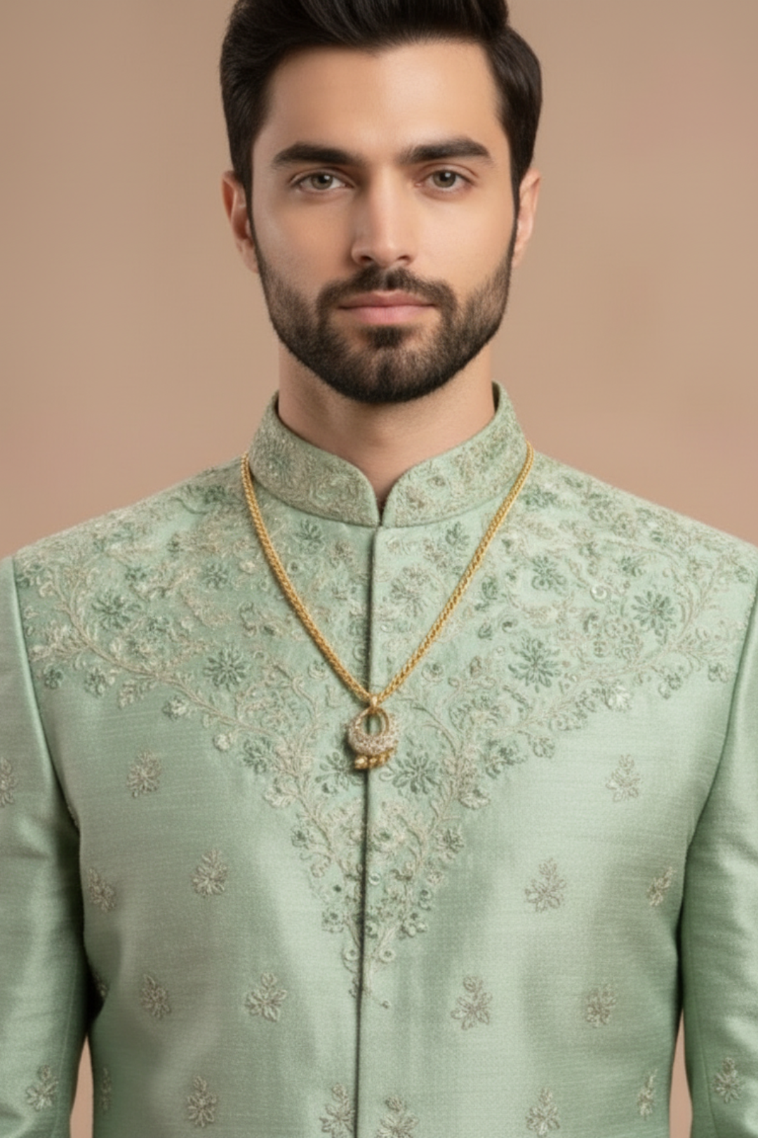 Regal Serenity: Pista Green Embroidered Silk Sherwani Ensemble