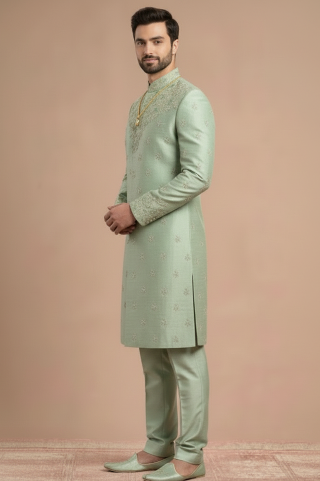 Regal Serenity: Pista Green Embroidered Silk Sherwani Ensemble