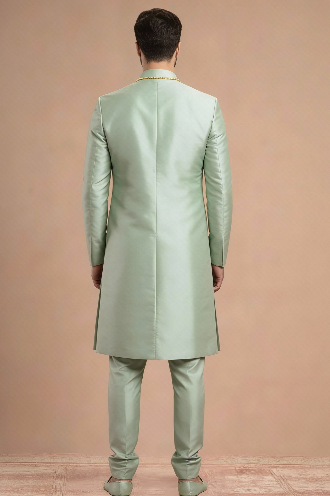 Regal Serenity: Pista Green Embroidered Silk Sherwani Ensemble