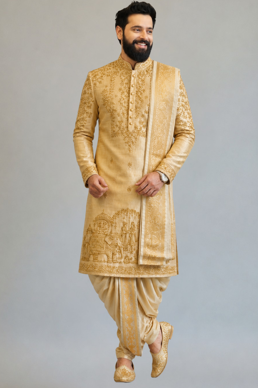 Man wearing a traditional gold sherwani with intricate patterns on a gray background