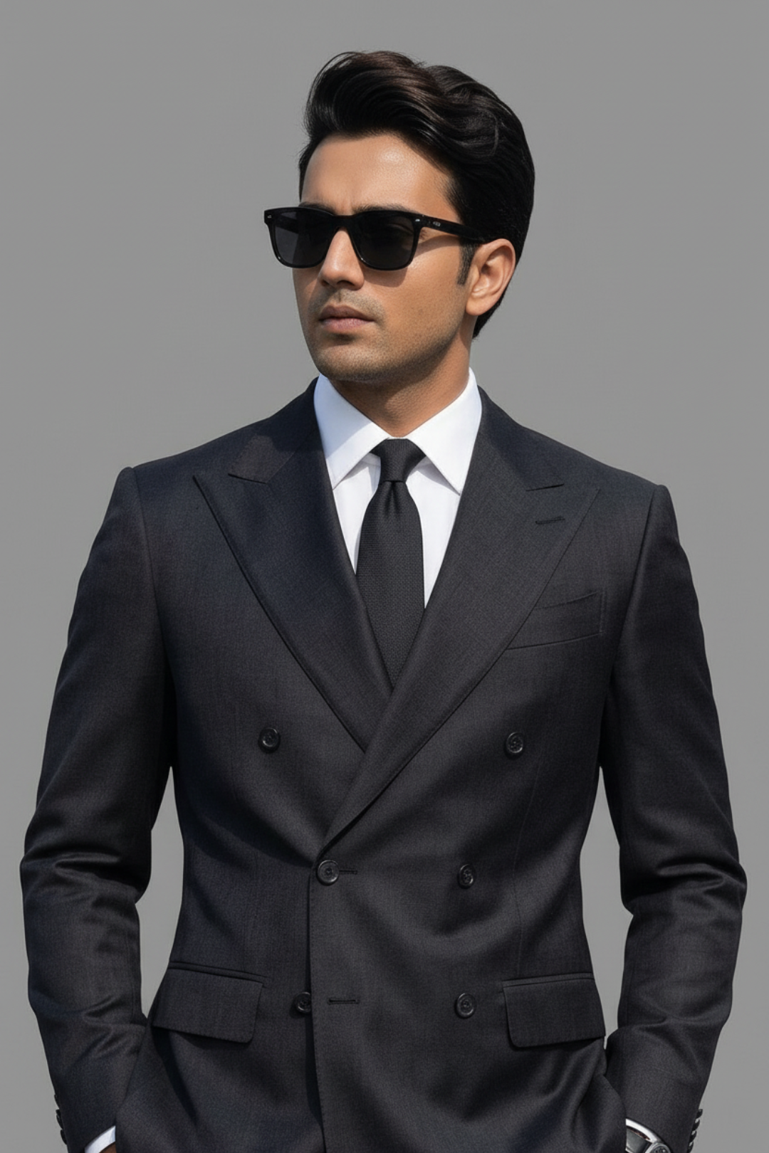 Man wearing a black suit and sunglasses against a gray background