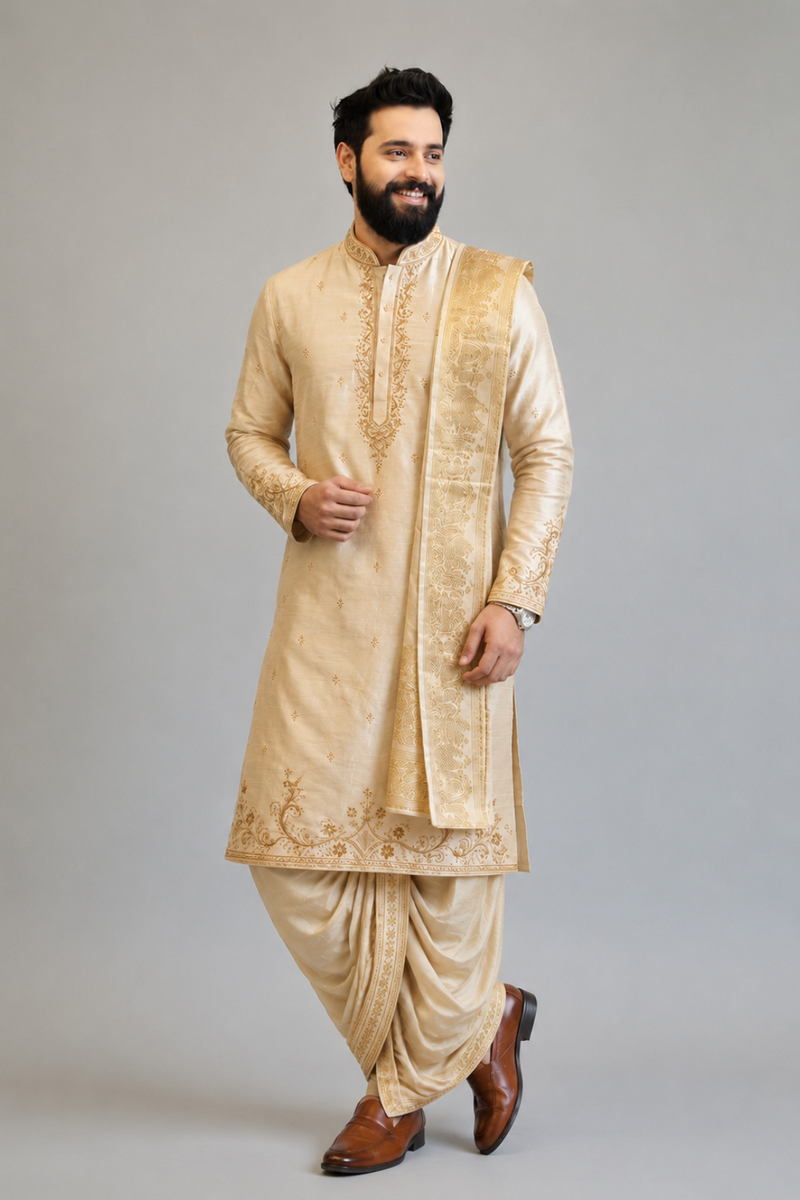 Royal light Gold Embroidered Kurta with Traditional Dhoti & Zari Stole for Men