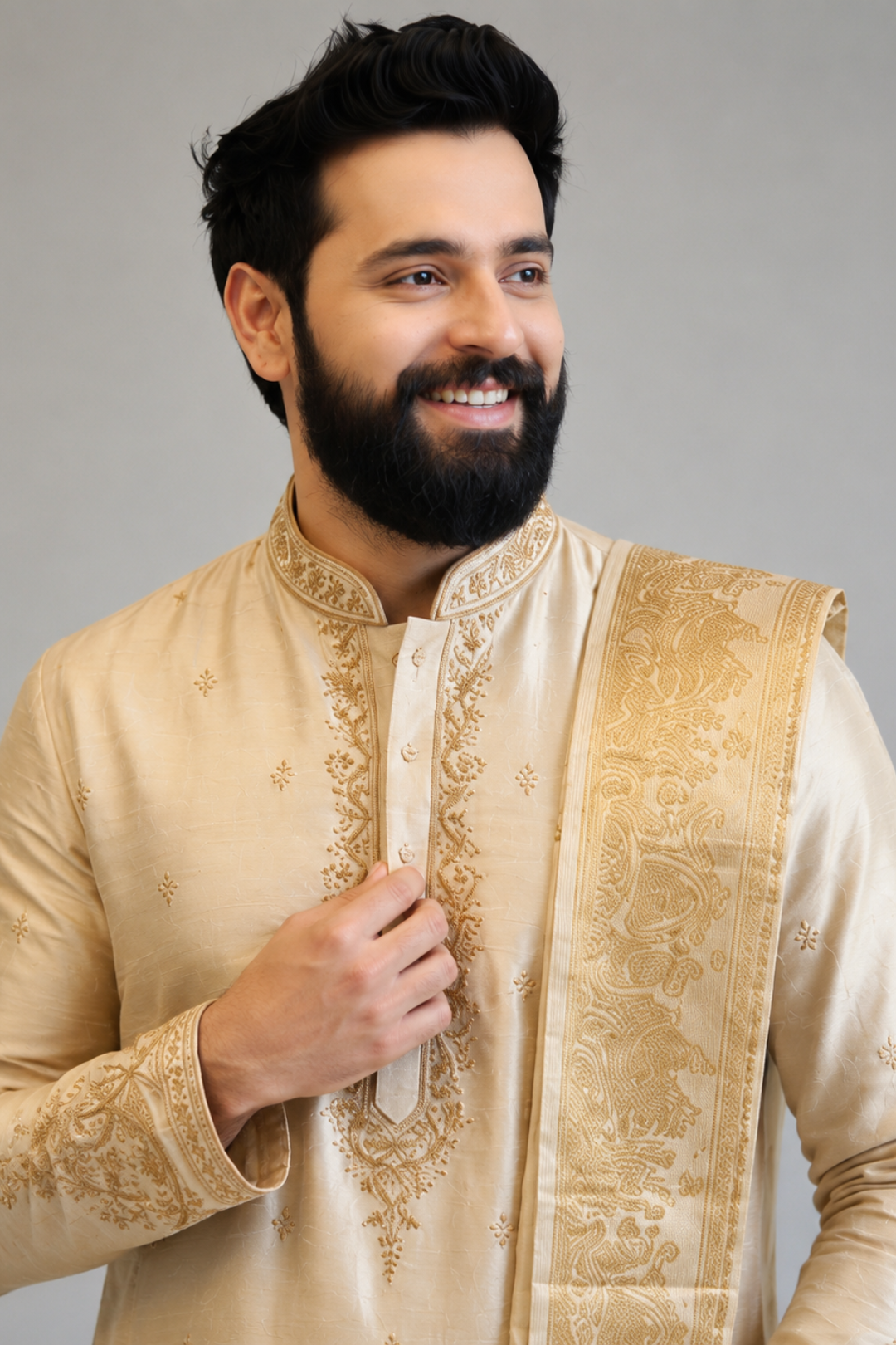 Man wearing a cream embroidered sherwani against a gray background