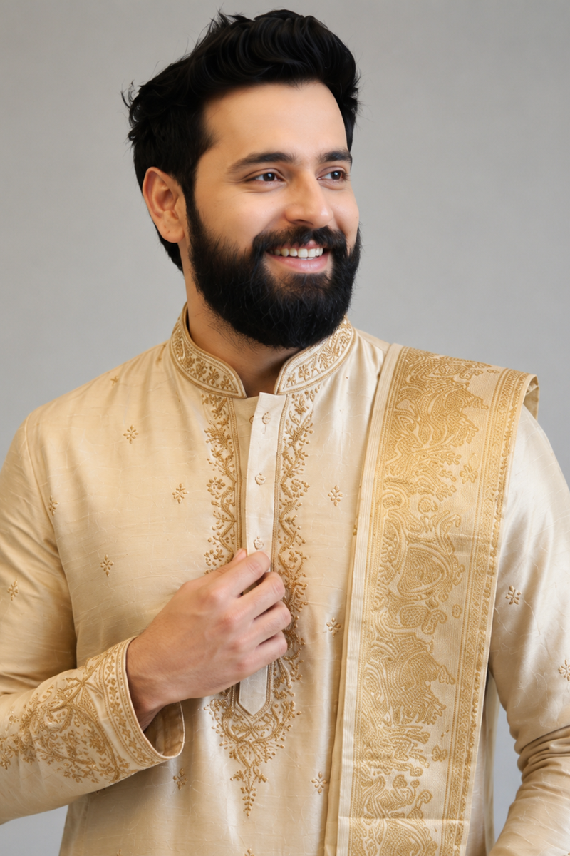 Royal light Gold Embroidered Kurta with Traditional Dhoti & Zari Stole for Men