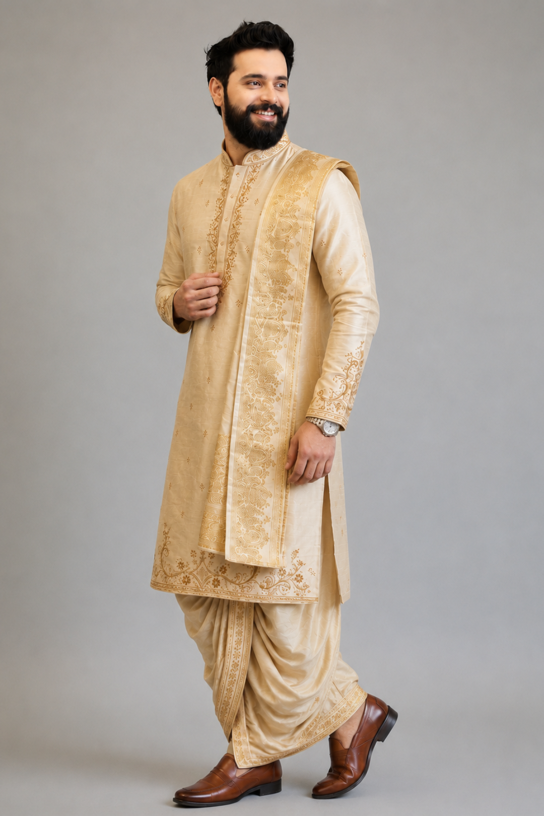 Man wearing a traditional beige kurta with white dhoti on a gray background