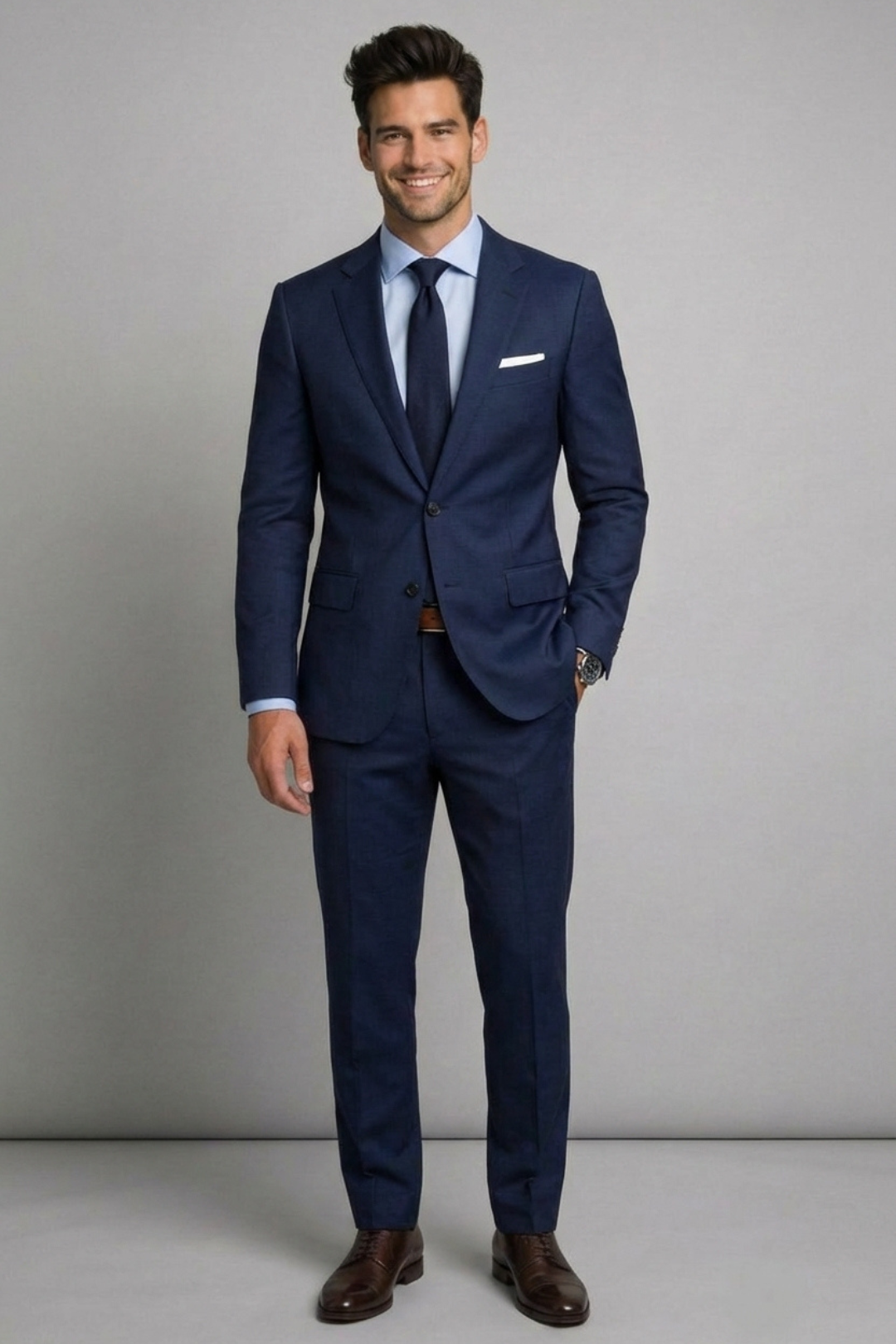 Man wearing a navy blue suit with a white shirt and brown shoes on a gray background