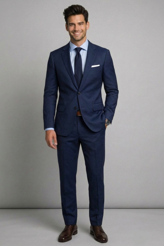 Man wearing a navy blue suit with a white shirt and brown shoes on a gray background