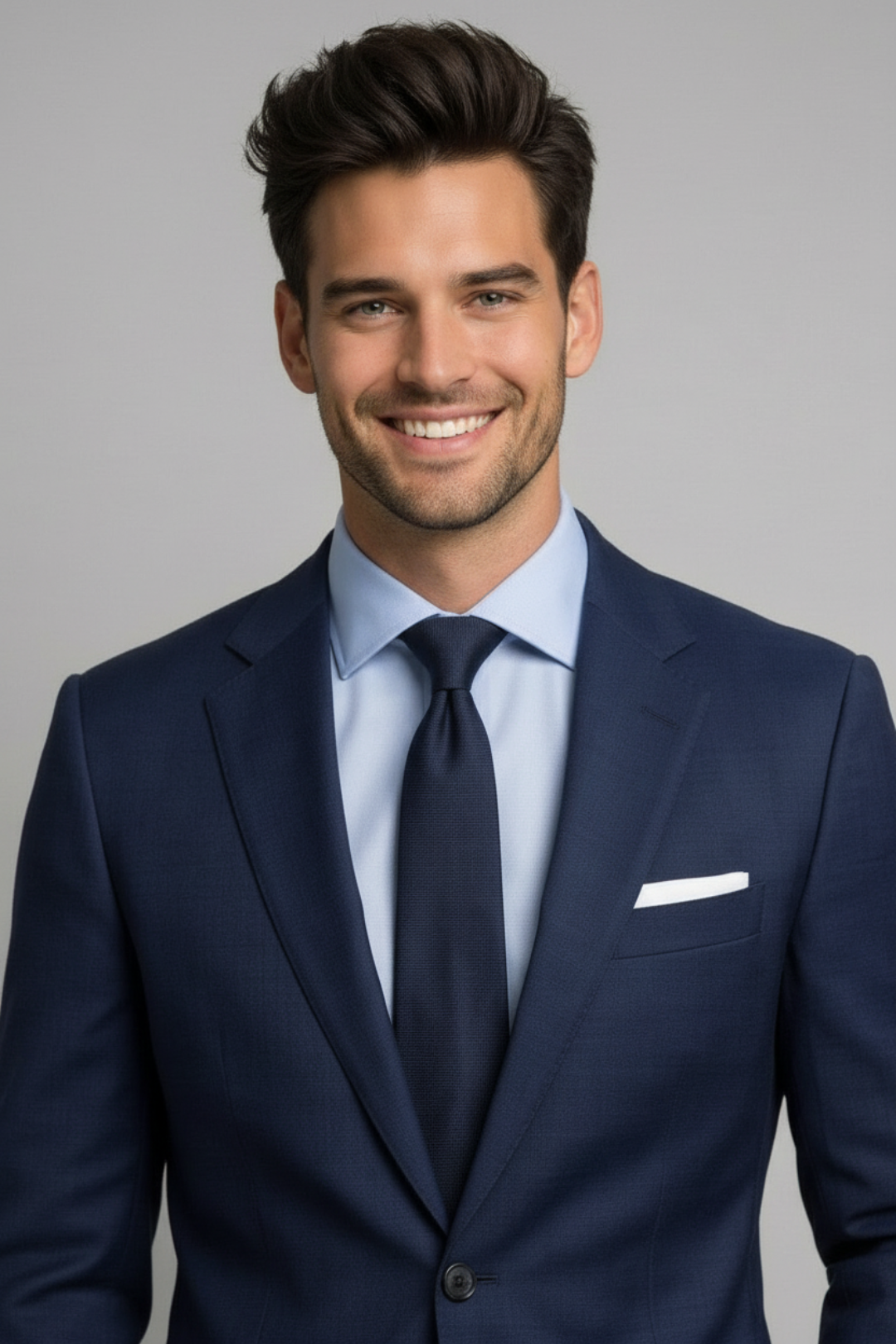 Man wearing a navy suit with a light blue shirt and dark tie on a gray background