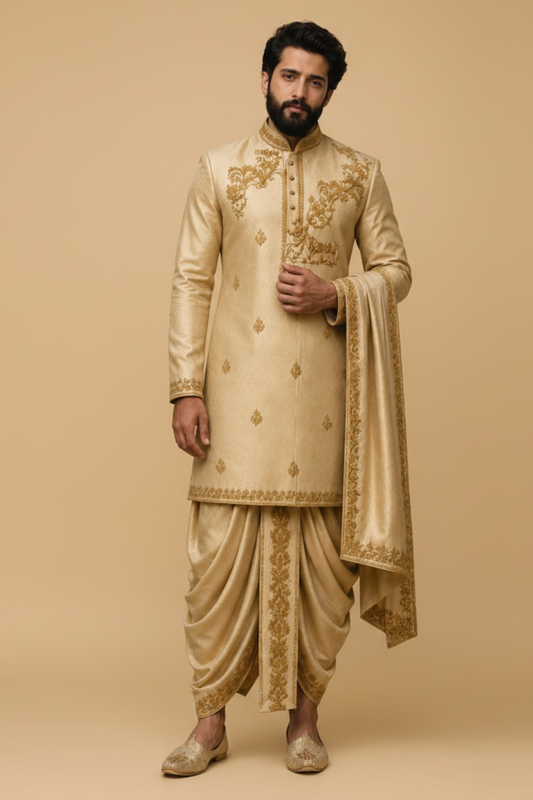Man wearing a traditional beige embroidered sherwani on a beige background