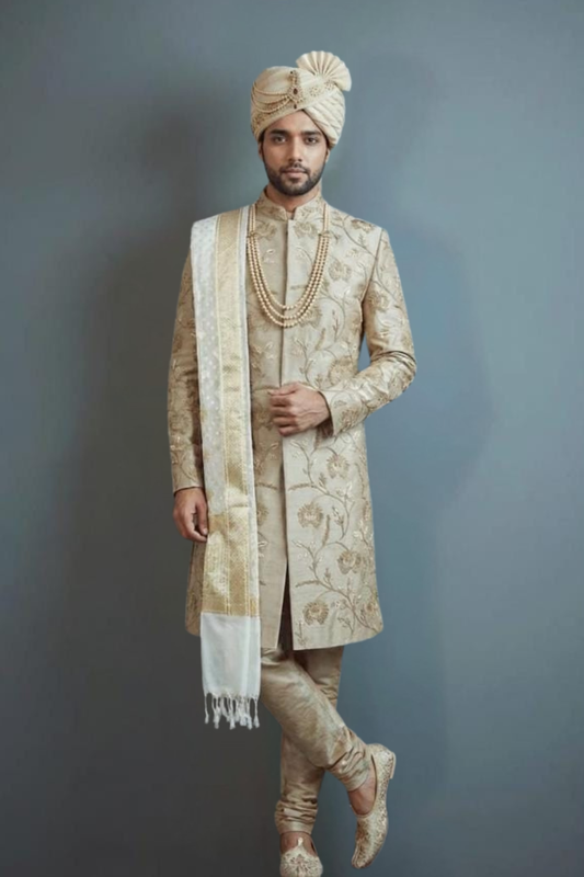 Pure raw silk handcrafted beige sherwani