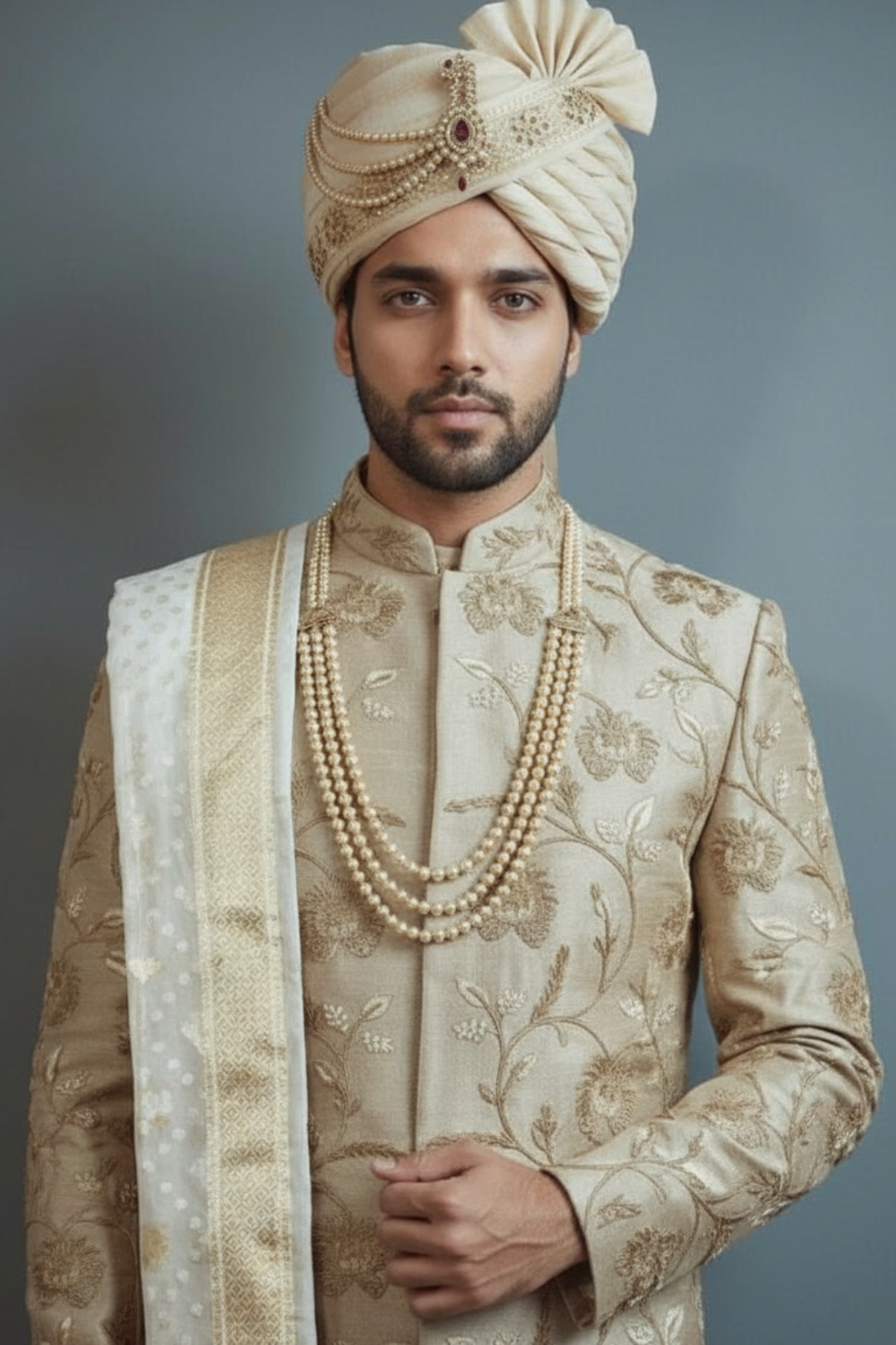 Pure raw silk handcrafted beige sherwani