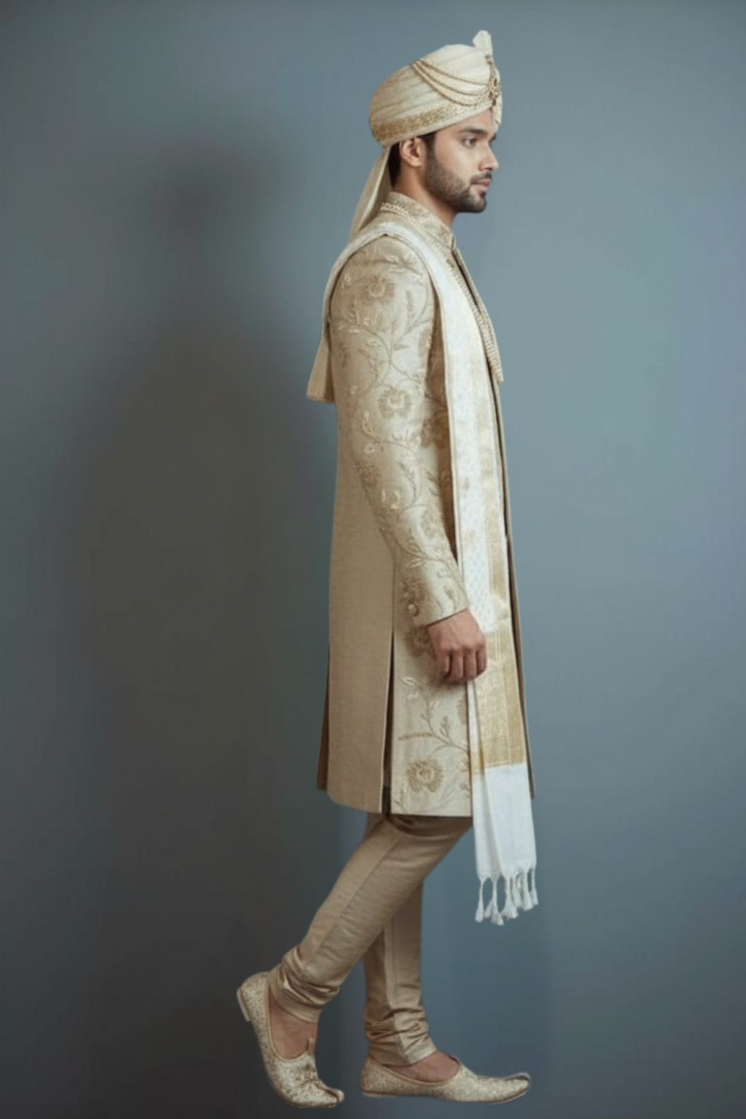 Pure raw silk handcrafted beige sherwani