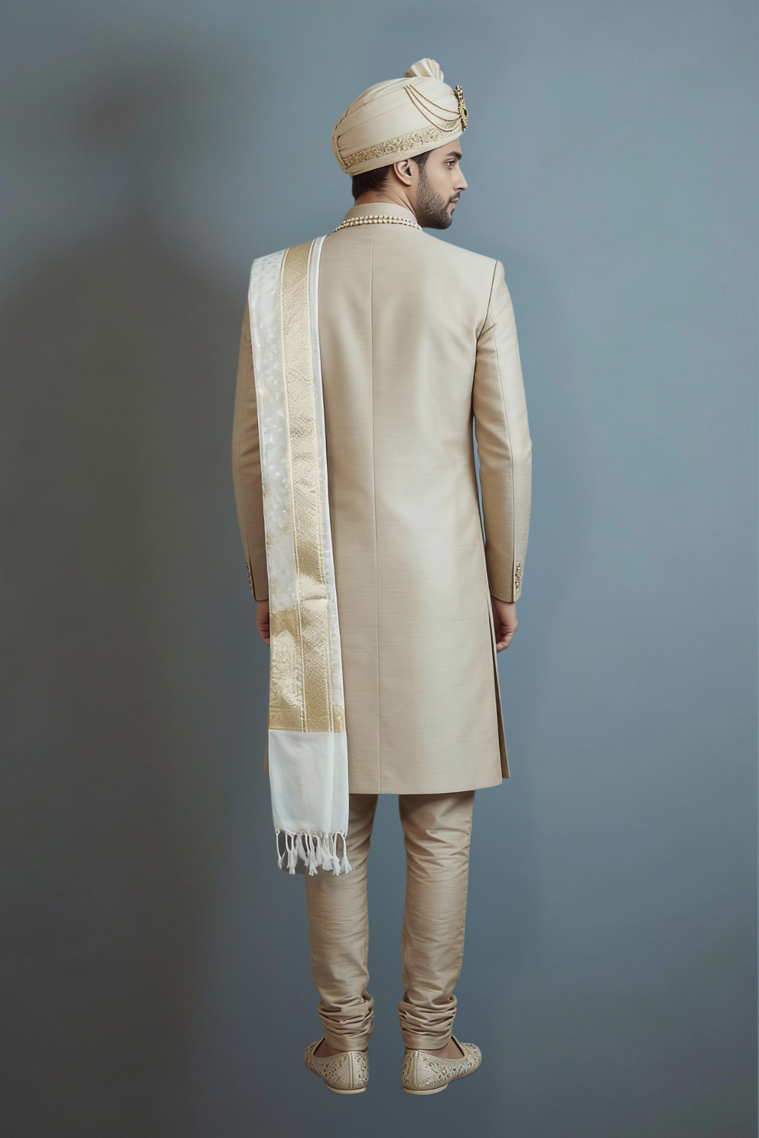 Pure raw silk handcrafted beige sherwani