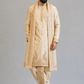 Man wearing a traditional beige embroidered sherwani on a gray background