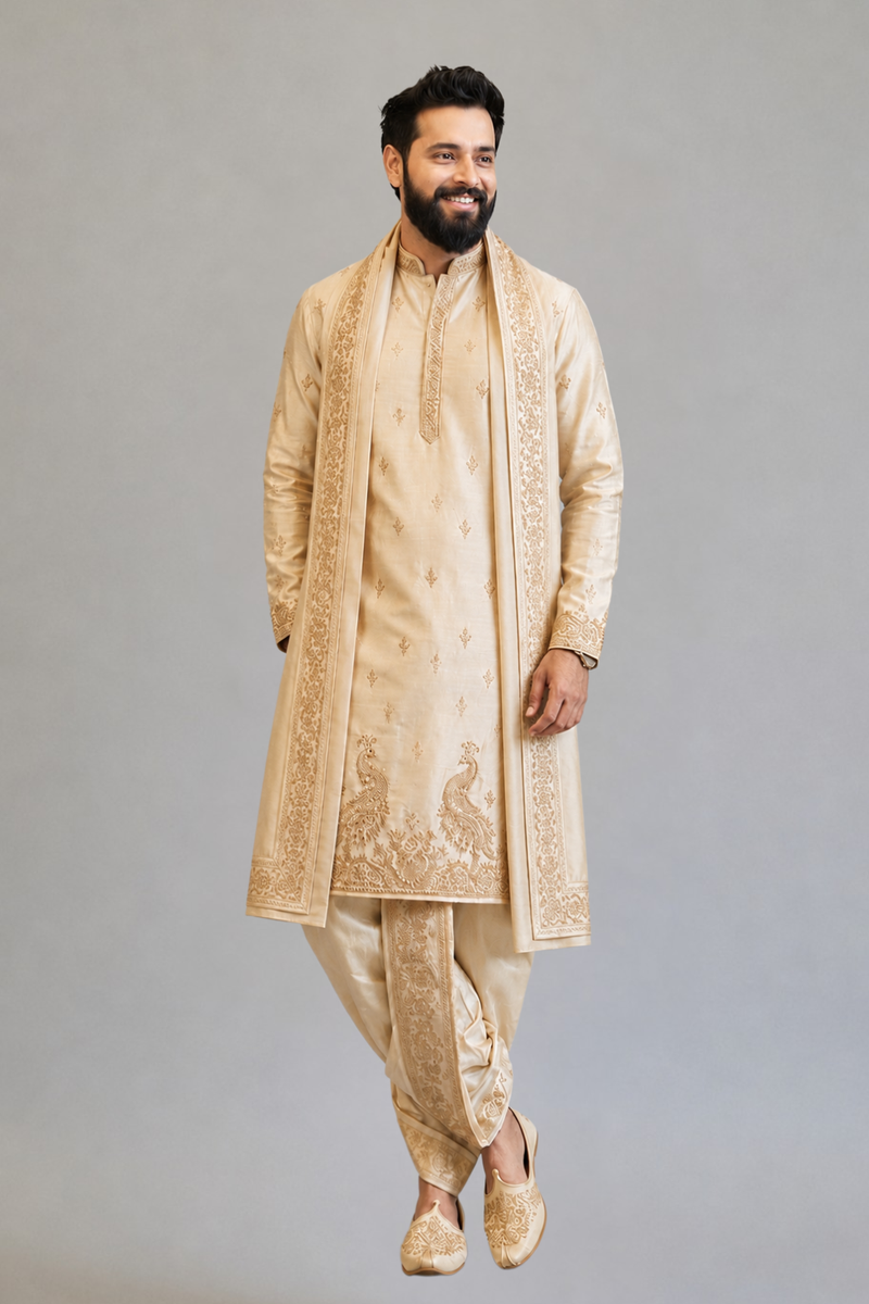 Royal Ivory Hand-Embroidered Kurta Dhoti Set with Matching Stole for Men | Wedding & Festive Ethnic Wear