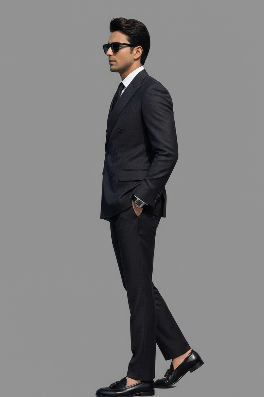 Man wearing a black suit and sunglasses on a gray background