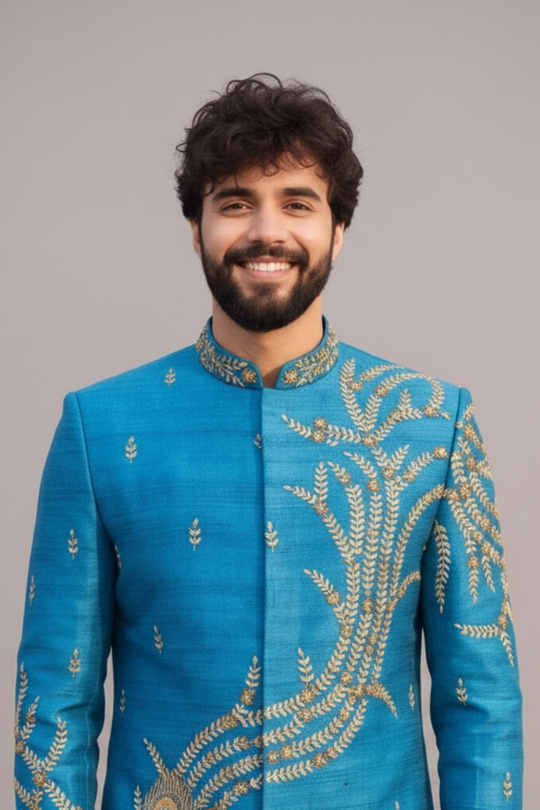 Man wearing a blue embroidered traditional outfit against a gray background