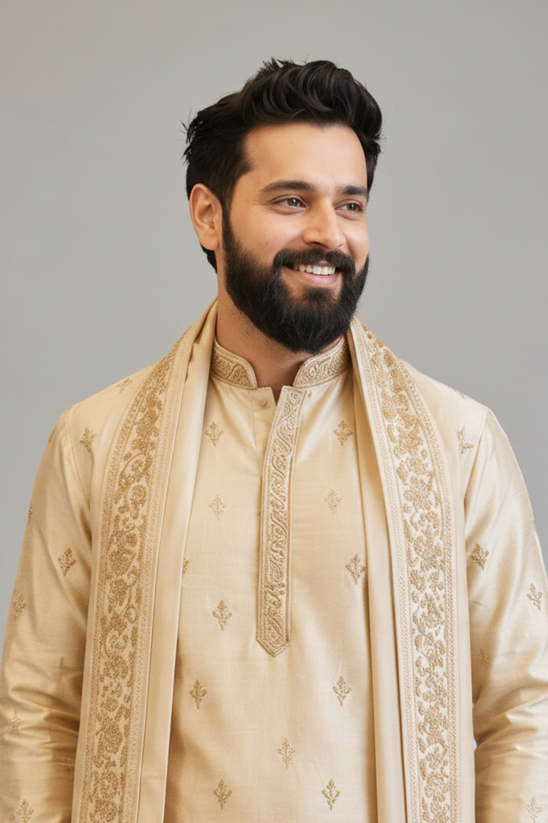 Royal Ivory Hand-Embroidered Kurta Dhoti Set with Matching Stole for Men | Wedding & Festive Ethnic Wear