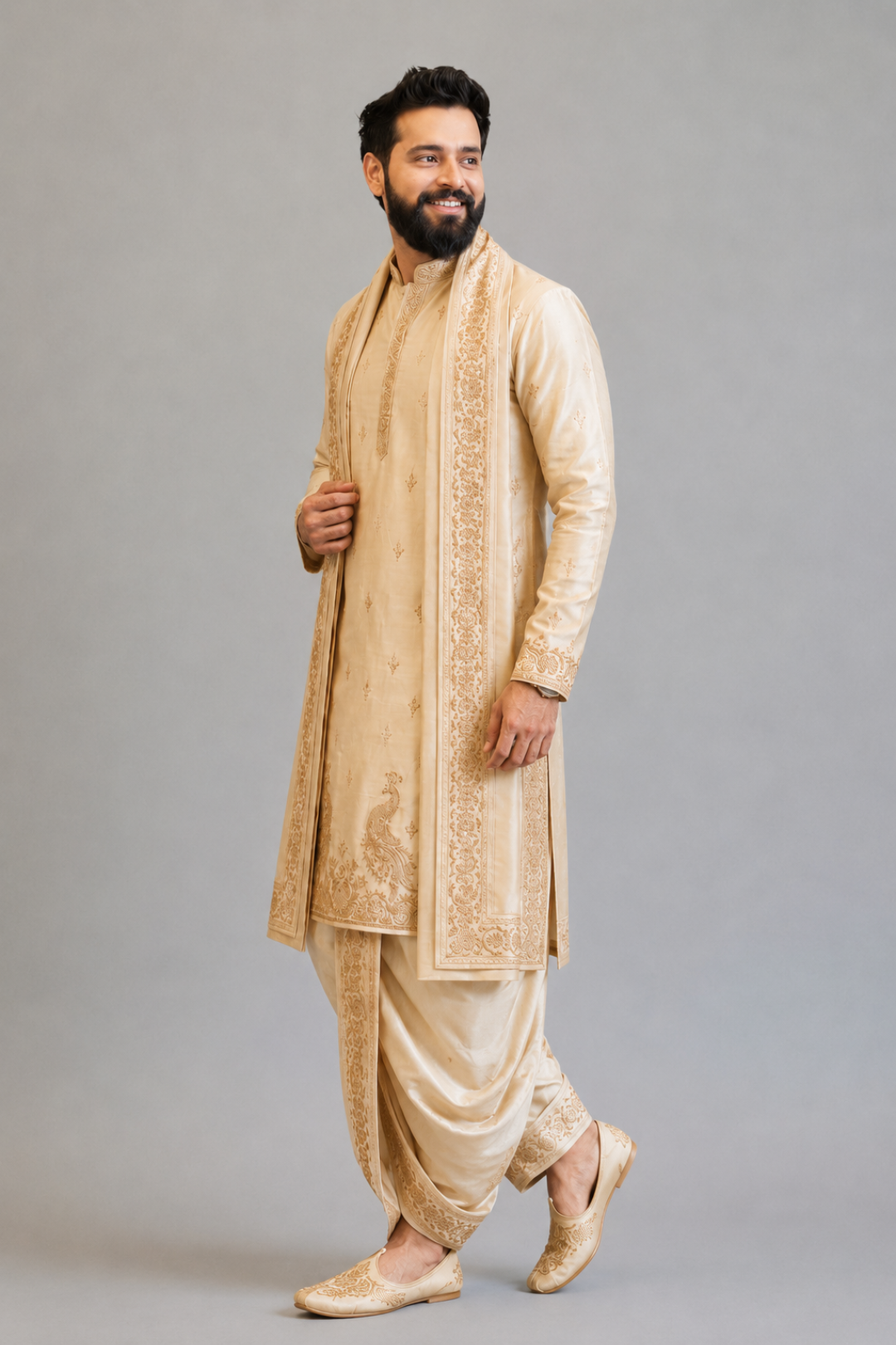 Man wearing a beige embroidered sherwani on a gray background