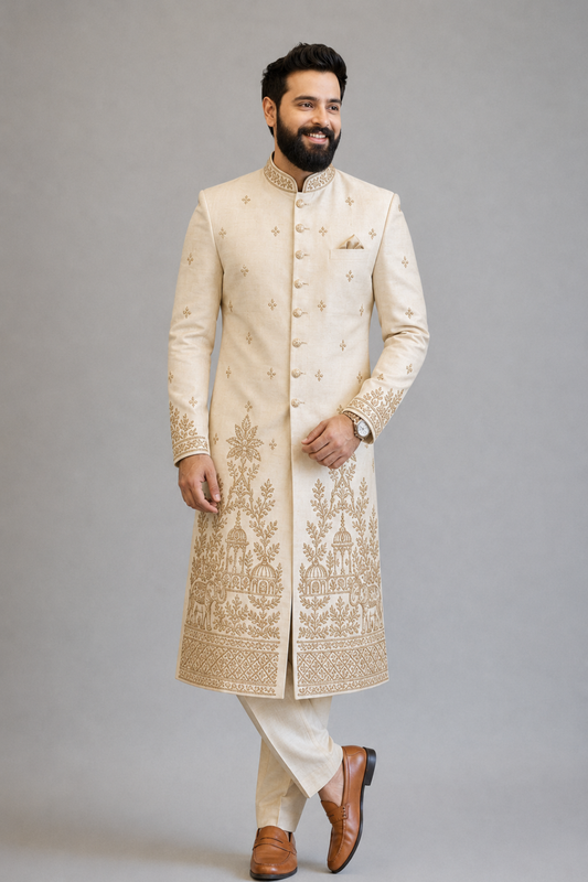 Man wearing a cream embroidered sherwani on a gray background