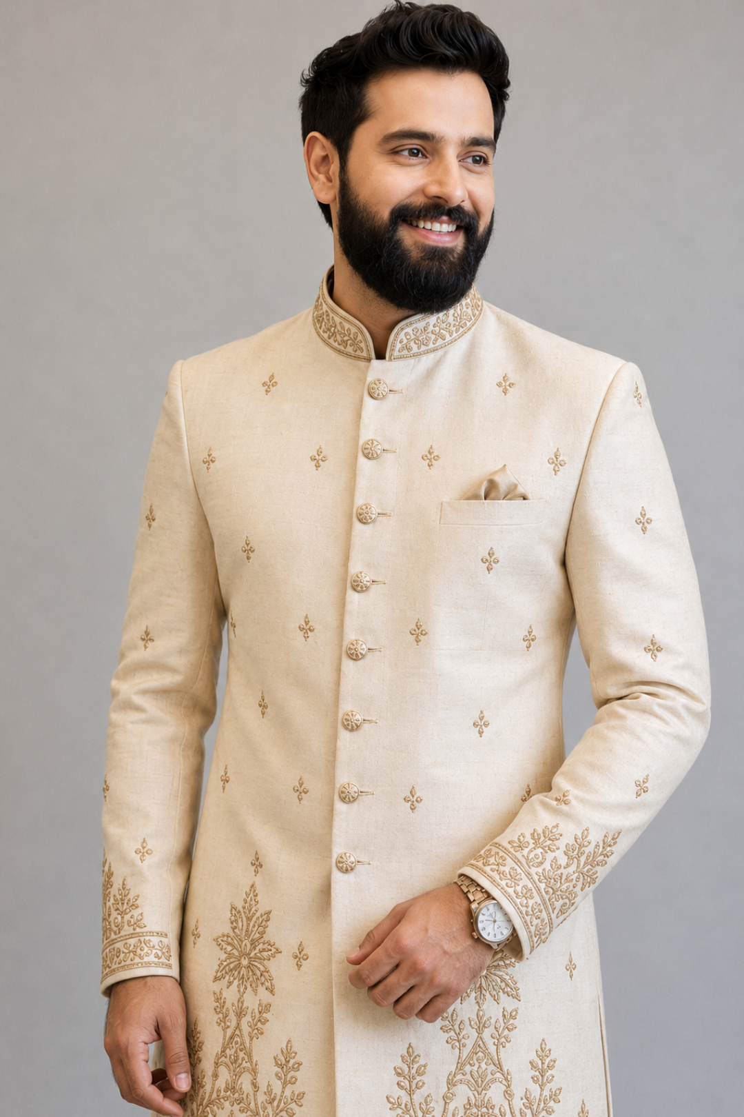 Man wearing a cream embroidered sherwani against a gray background