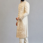 Man wearing a cream embroidered sherwani against a gray background