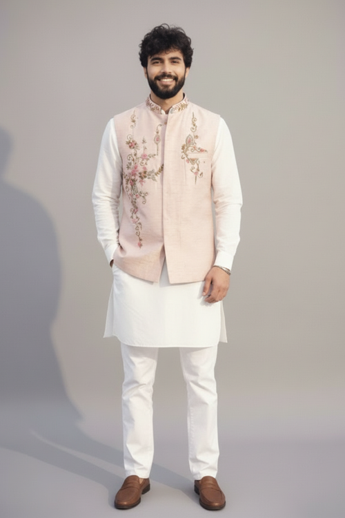 Men’s Pastel Pink Embroidered Sadri Set