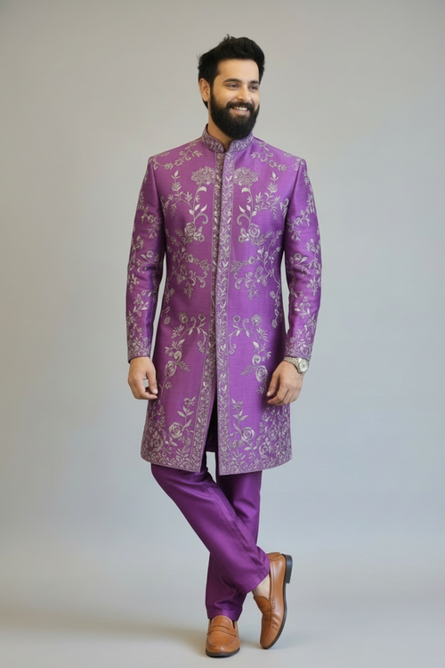 Royal Purple Embroidered Sherwani Set with Floral emboridery for Men – Designer Wedding & Festive Wear