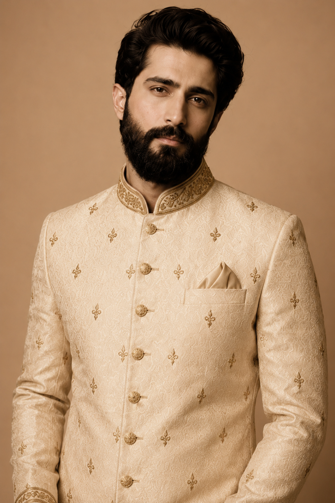 Man wearing a cream embroidered sherwani against a beige background
