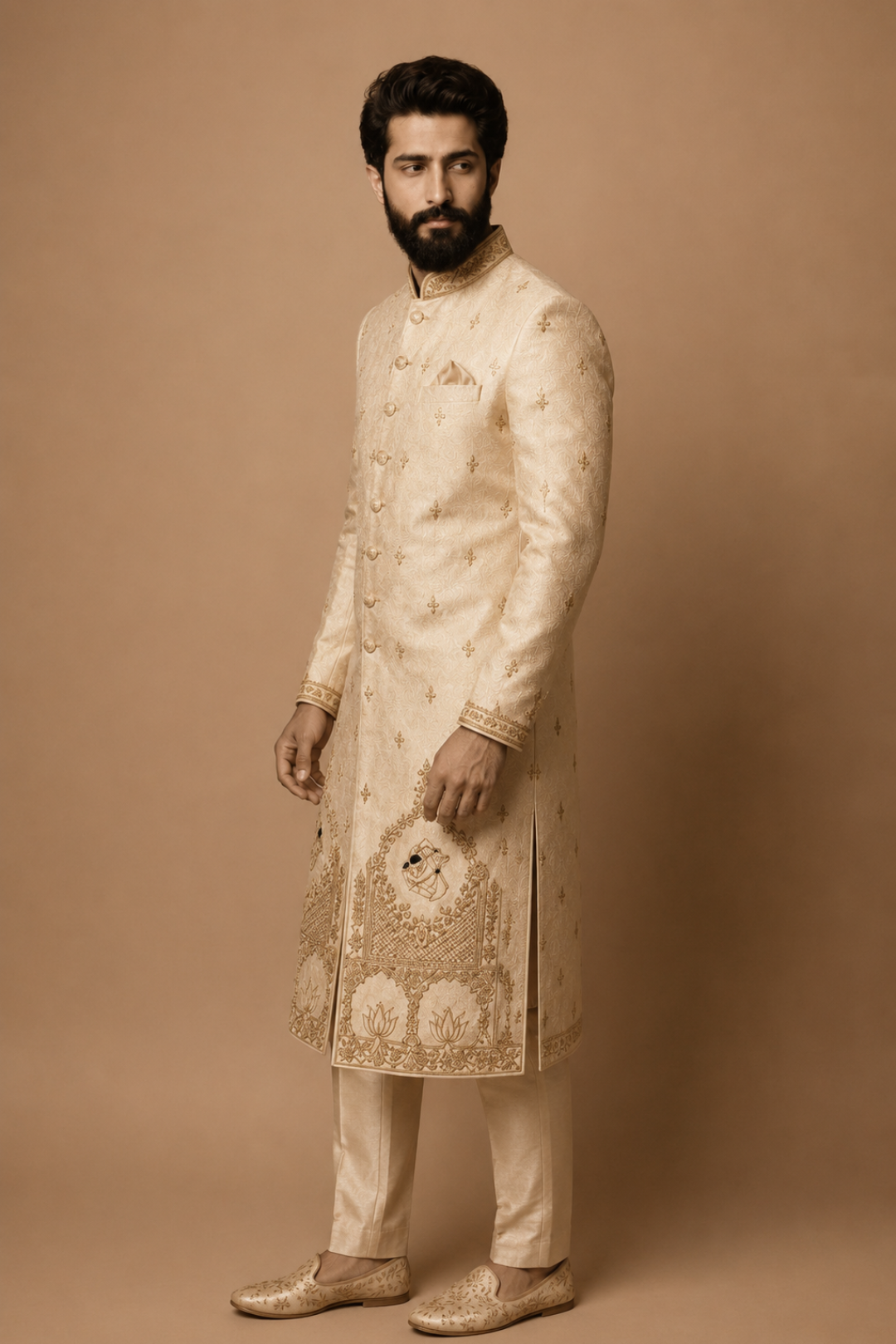 Man wearing a traditional embroidered sherwani against a beige background