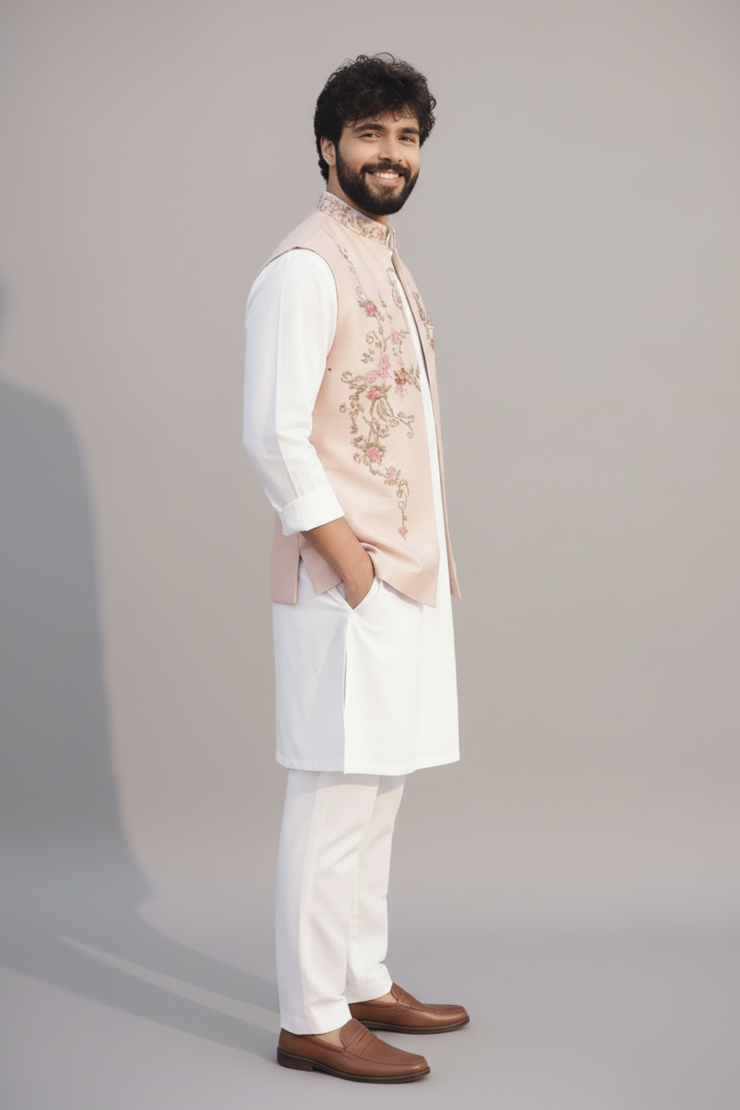 Men’s Pastel Pink Embroidered Sadri Set