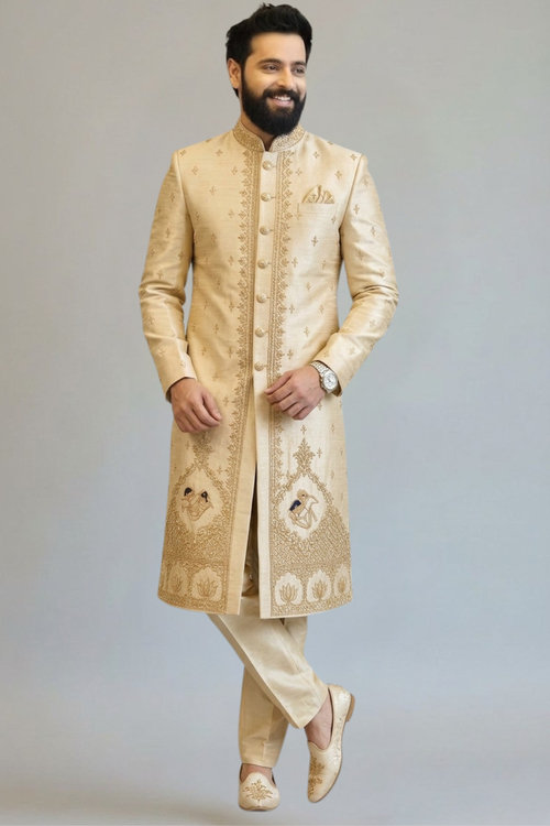Royal Ivory Embroidered Sherwani Set with Muhurtham desgin for Men | Premium Wedding & Groom Ethnic Wear