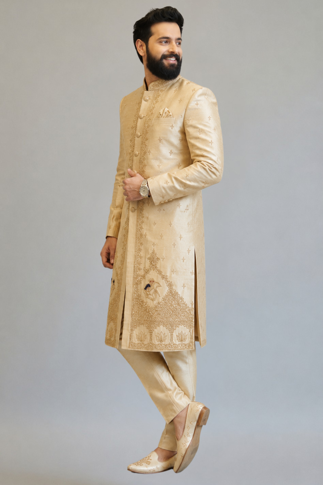 Royal Ivory Embroidered Sherwani Set with Muhurtham desgin for Men | Premium Wedding & Groom Ethnic Wear