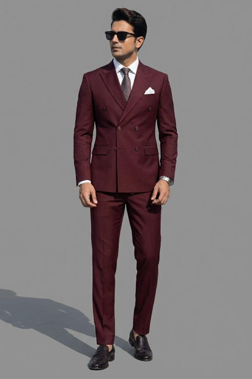 Man wearing a burgundy suit with sunglasses on a gray background