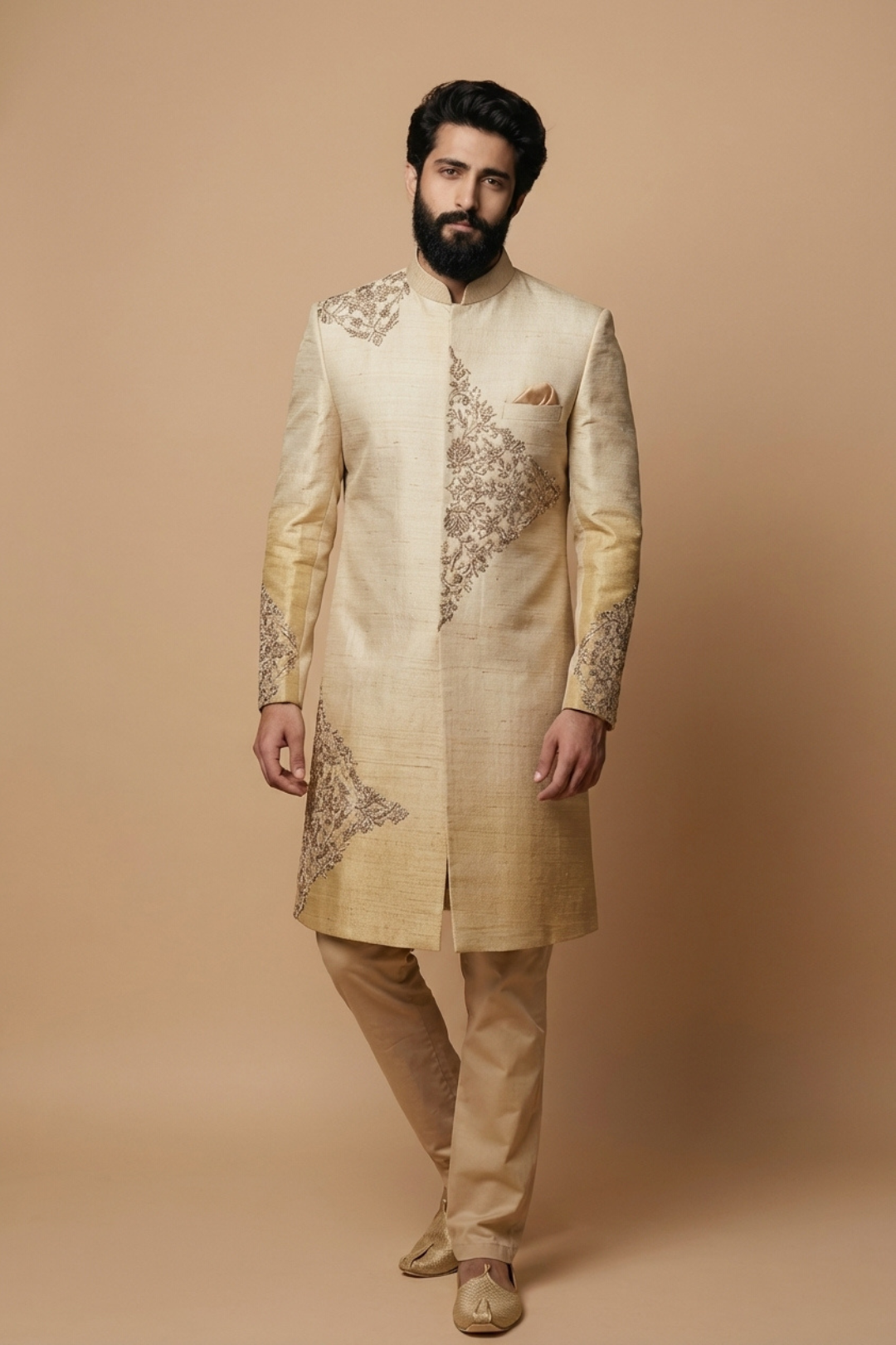 Men’s Beige Embroidered Sherwani Set – Luxury Indo-Western Wedding Outfit