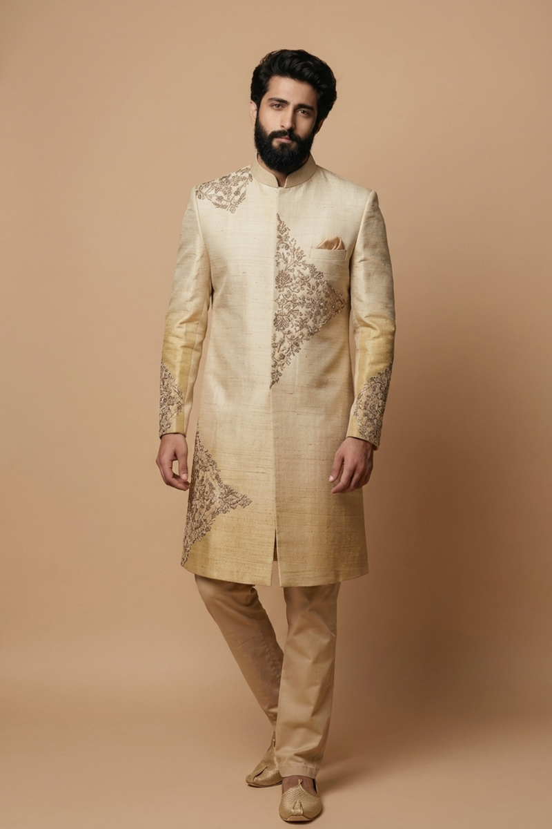 Men’s Beige Embroidered Sherwani Set – Luxury Indo-Western Wedding Outfit