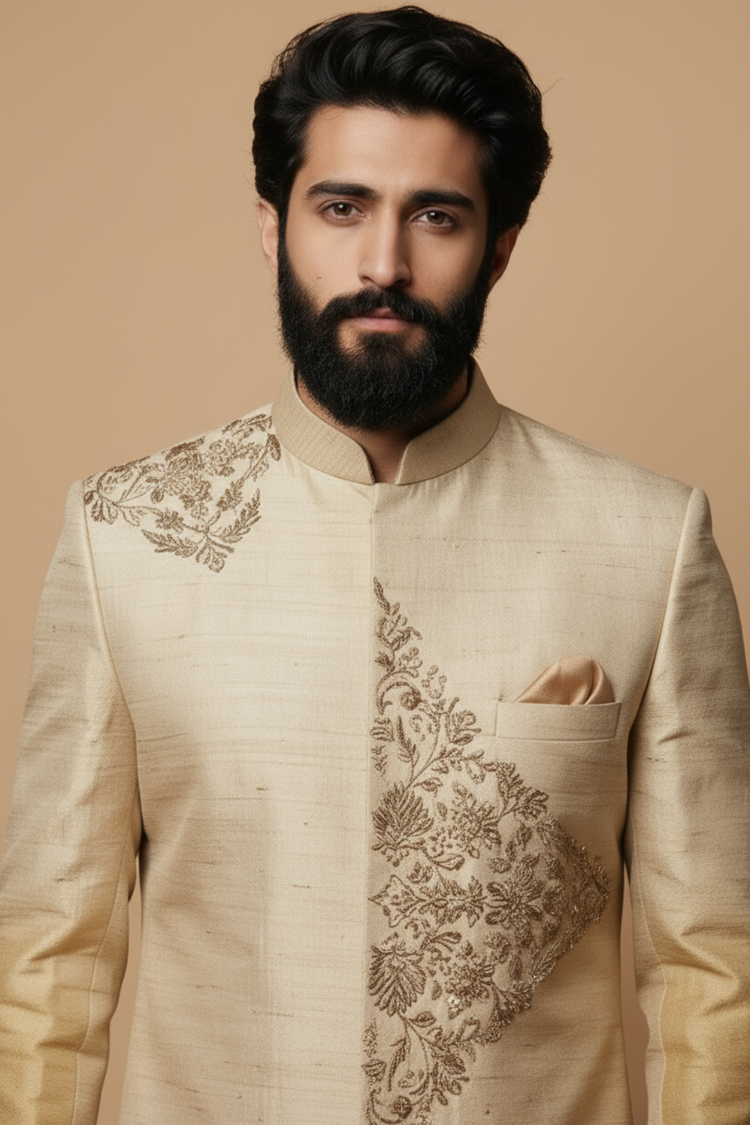 Men’s Beige Embroidered Sherwani Set – Luxury Indo-Western Wedding Outfit