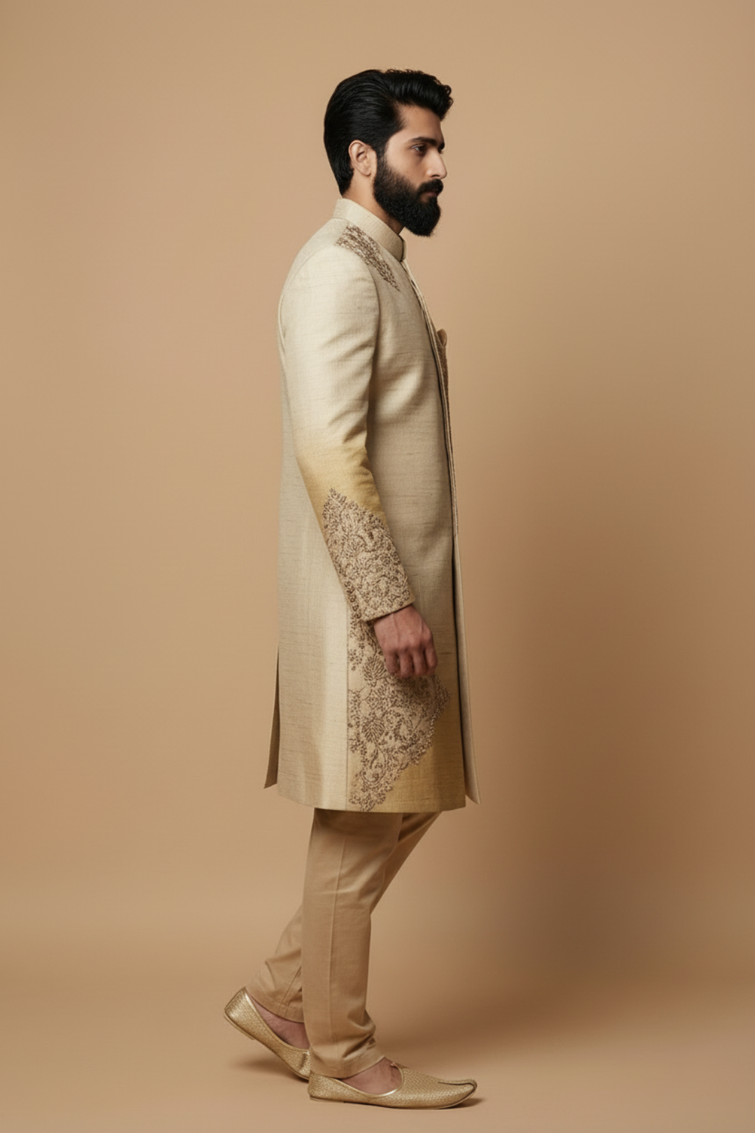 Men’s Beige Embroidered Sherwani Set – Luxury Indo-Western Wedding Outfit