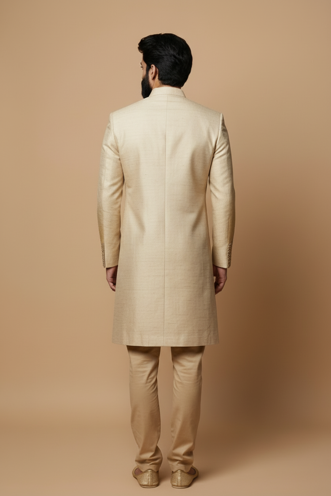 Men’s Beige Embroidered Sherwani Set – Luxury Indo-Western Wedding Outfit