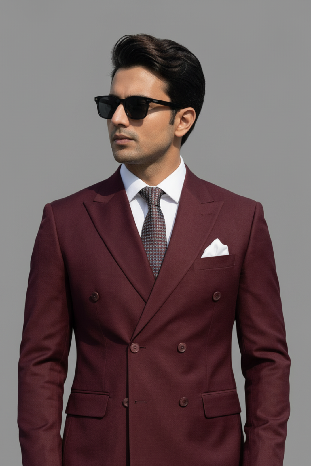 Man wearing a burgundy suit with sunglasses on a gray background