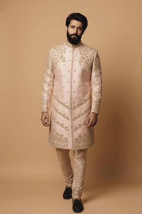 Blush Pink Embroidered Sherwani Set for Men – Luxury Wedding & Festive Wear