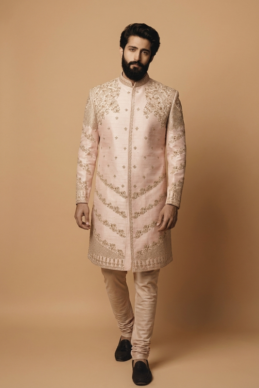 Blush Pink Embroidered Sherwani Set for Men – Luxury Wedding & Festive Wear