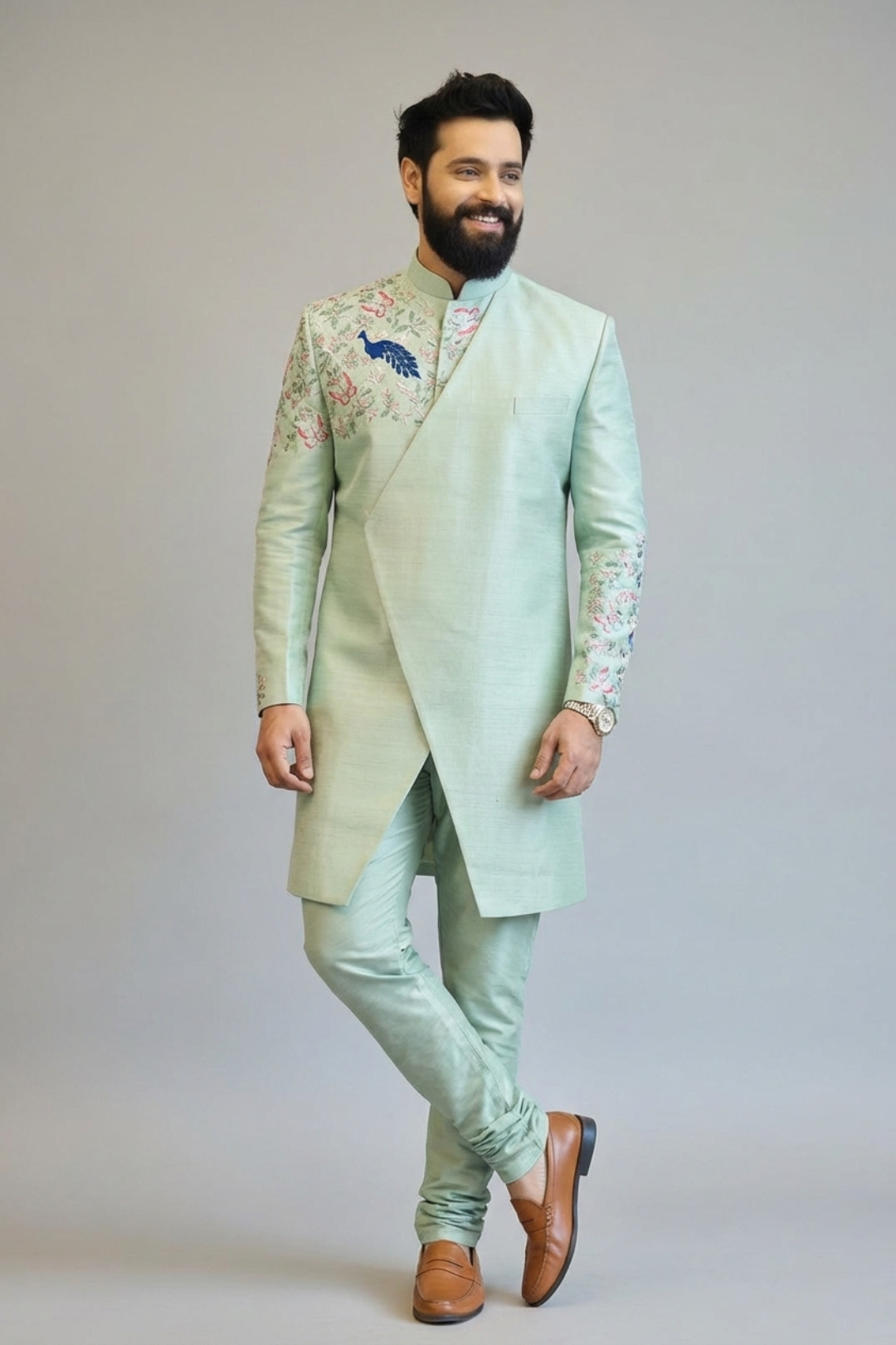 Mint Green Embroidered Indo-Western Suit for Men – Designer Wedding & Festive Wear